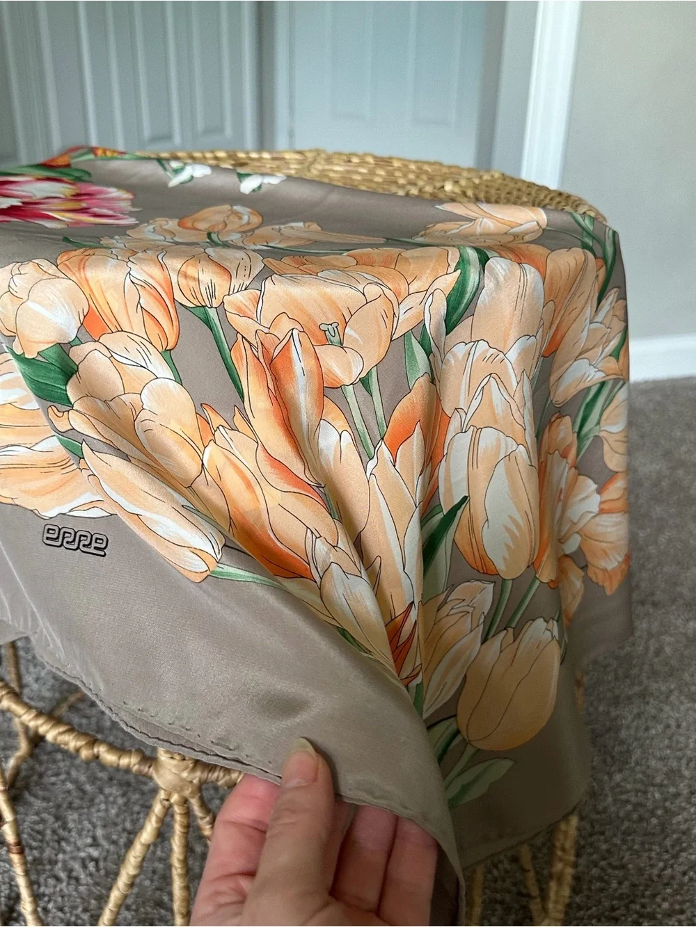 Floral 100% Silk Scarf in Taupe with Red & Peach Blooms Tulip Italian